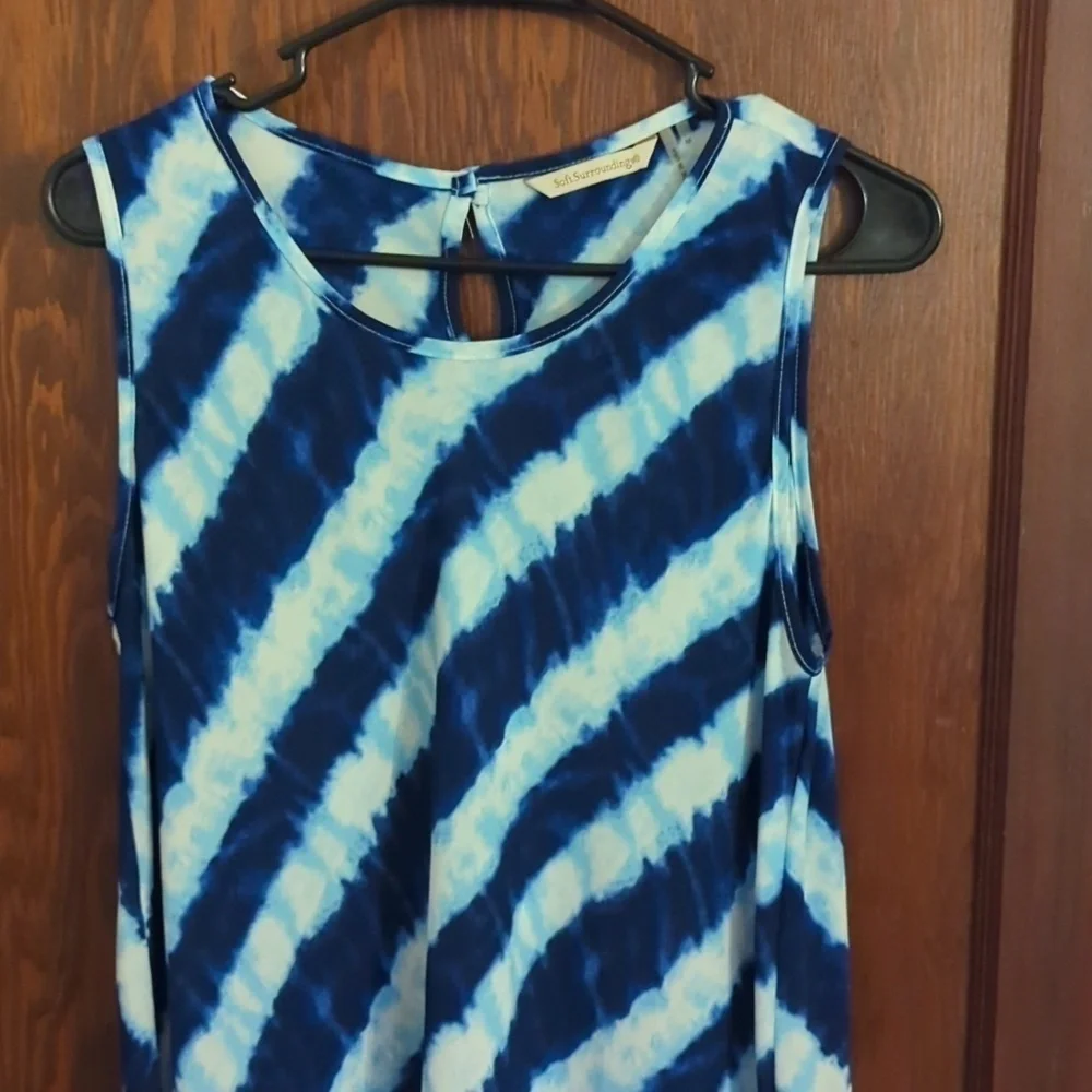 Soft Surroundings Sz M Asymmetric Hem Blue White Stripes Semi See Through Tunic